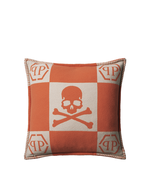 כרית נוי גולגולת כתום ואפור עם כיתוב PP