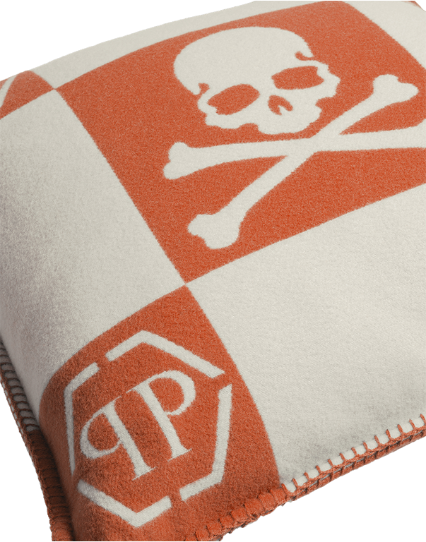 כרית נוי גולגולת כתום ואפור עם כיתוב PP