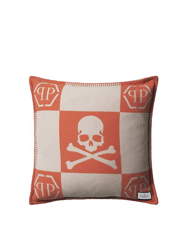 כרית נוי גולגולת כתום ואפור עם כיתוב PP כרית נוי גולגולת כתום ואפור עם כיתוב PP